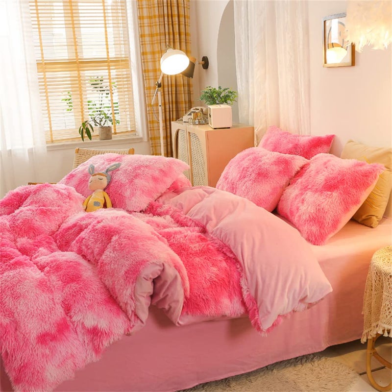 chovy Faux Fur Tie-Dyed Pink White Red Colorful Comforter Sets King - 3PC Bed Set Ultra Soft Plush Flannel Velvet Fluffy Fuzzy Bedding(Comforter x 1 Pillowcases x 2) - Image 5